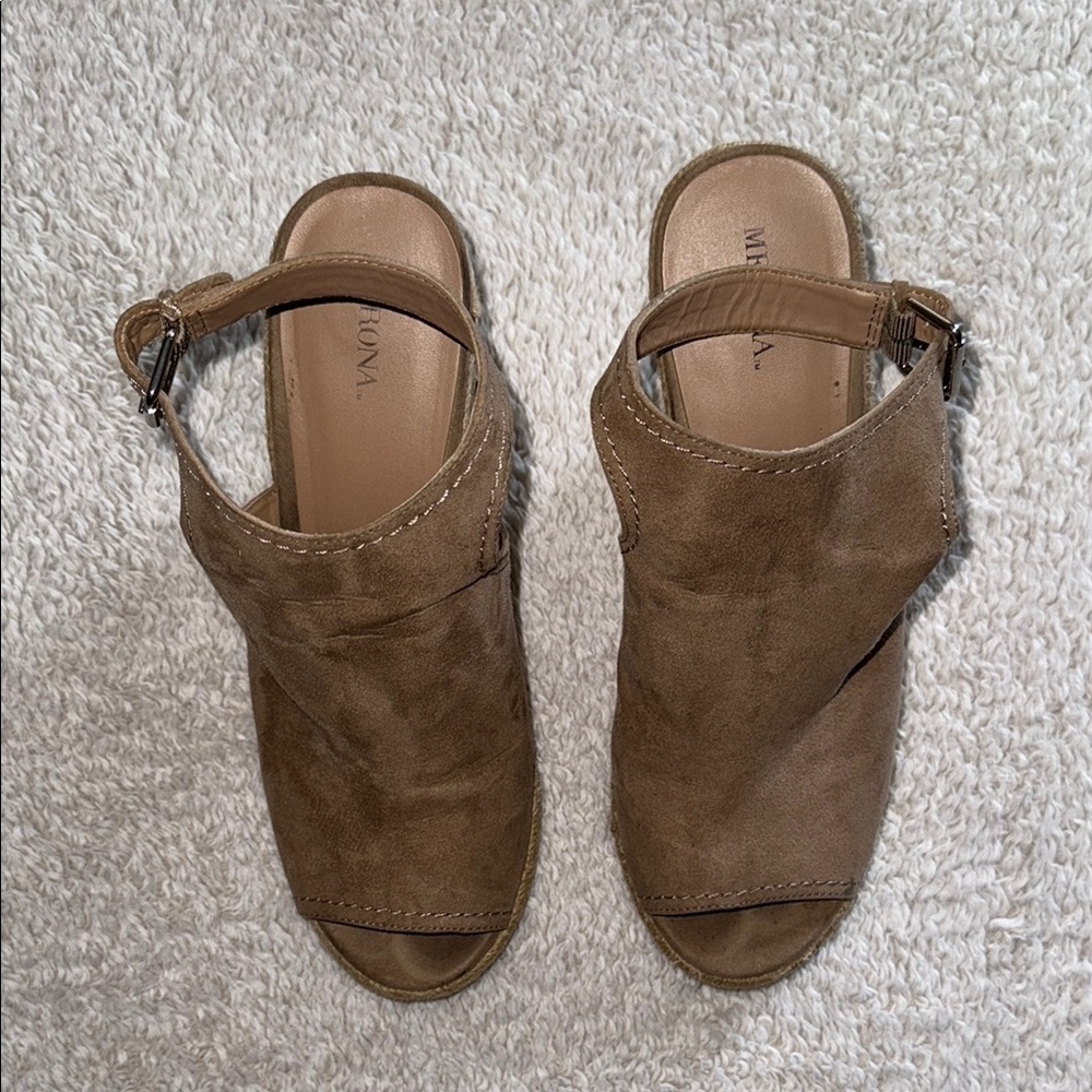 👡 Women’s Merona Peep Toe Espadrille Wedges – Taupe, Size 10 - Picture 2 of 13